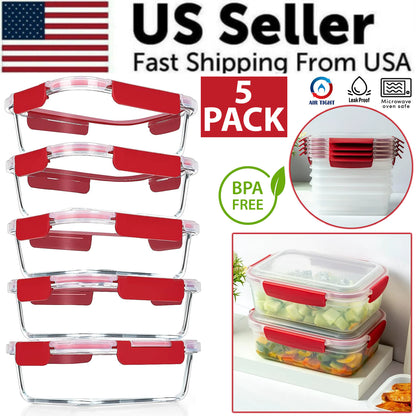 5 Pack Stackable Food Storage Containers Airtight & Leak proof Set Snap Lock Lids